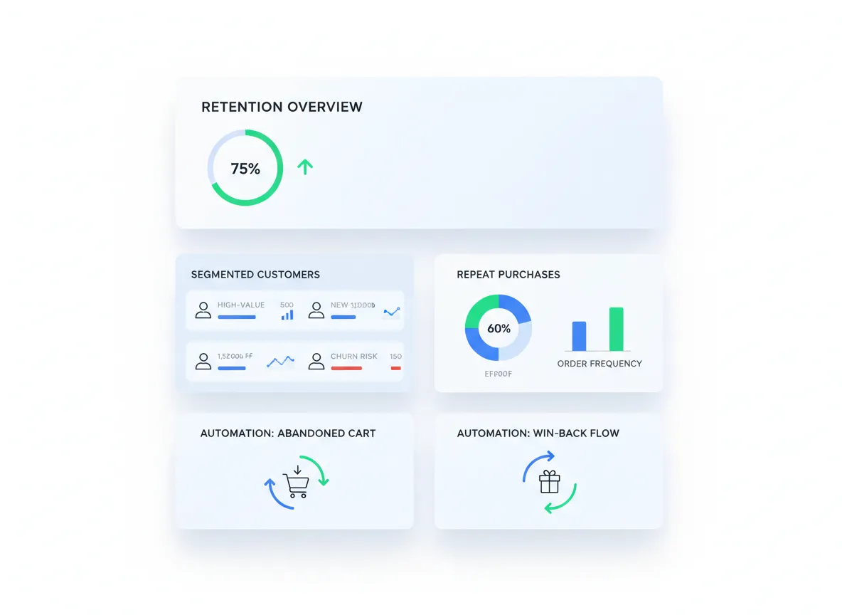 E-commerce CRM retention dashboard showing segments and automation.
